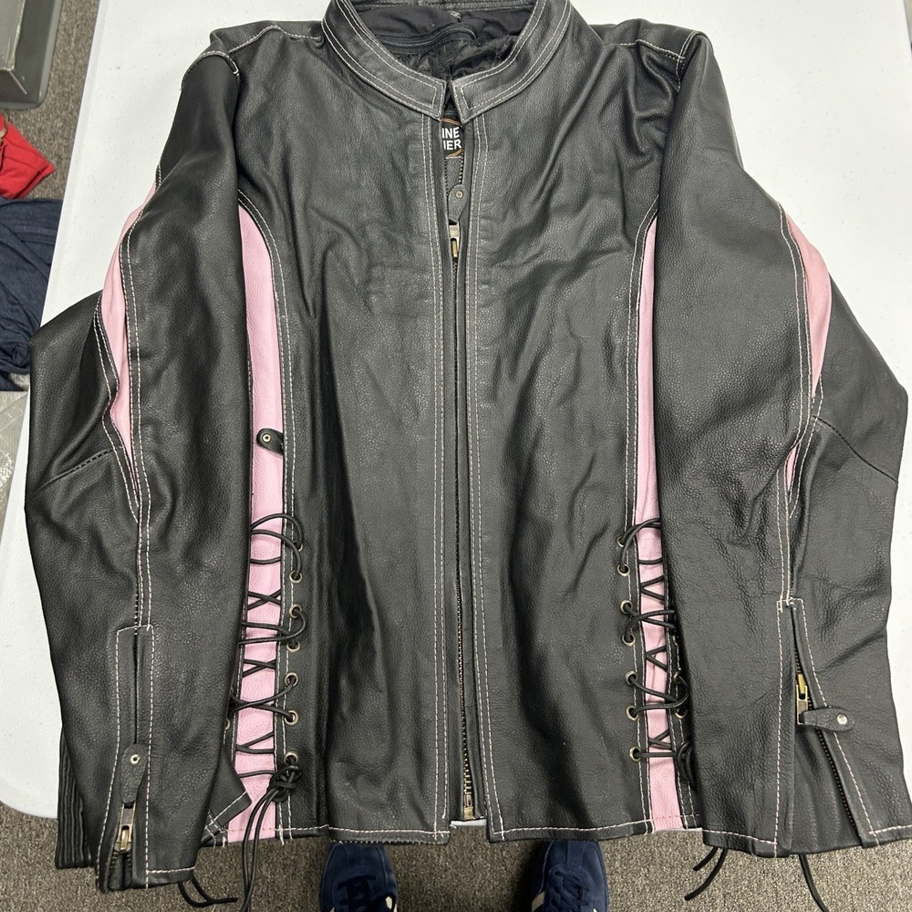 Genuine Leather Motorcycle Jacket Womens XXL Black Pink Lace Up Biker Moto G1